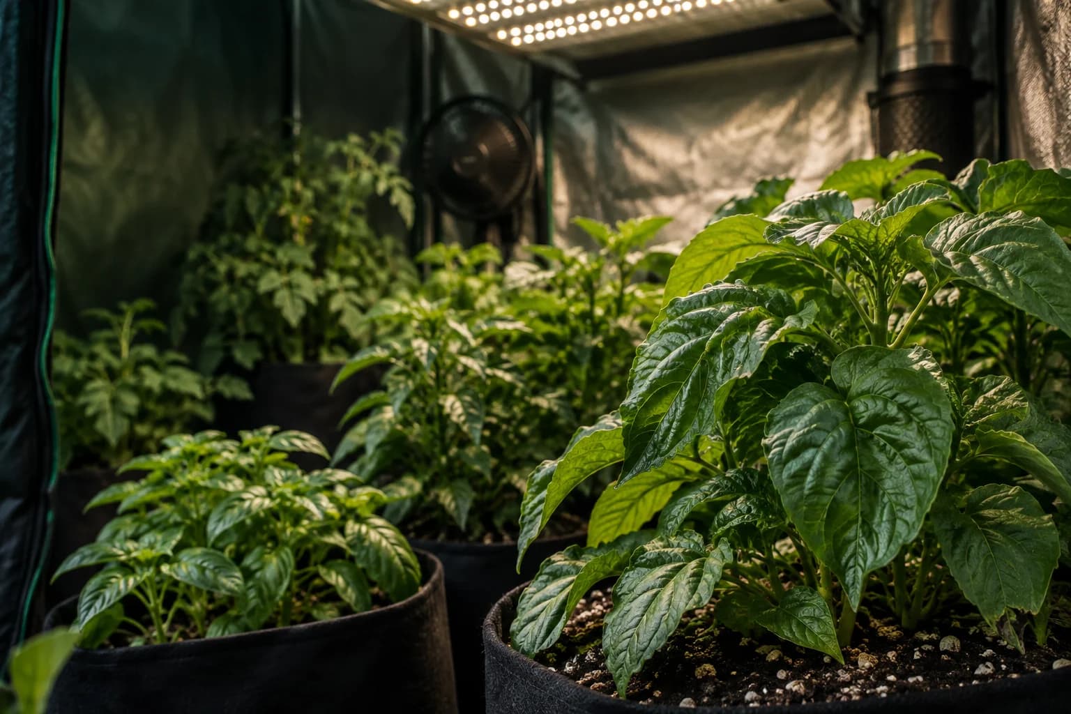 Healthy young plants in an indoor grow tent beneath LED lights