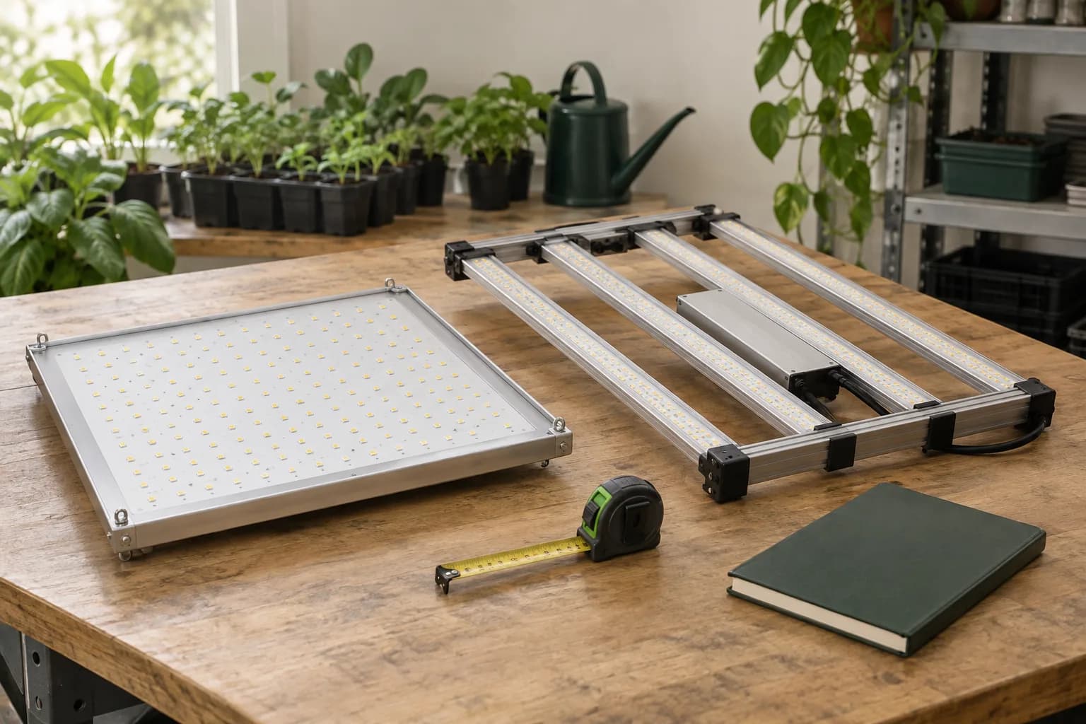Horticultural LED lights, a tape measure and a notebook on a workbench