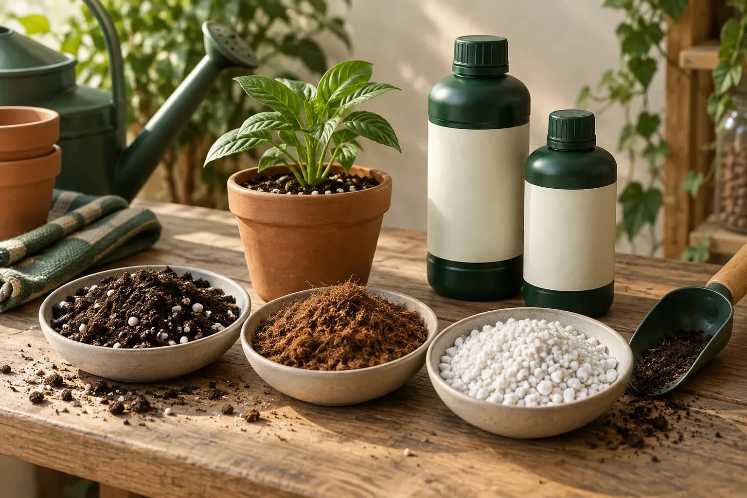 Samples of soil, coco coir and perlite beside nutrient bottles and a seedling